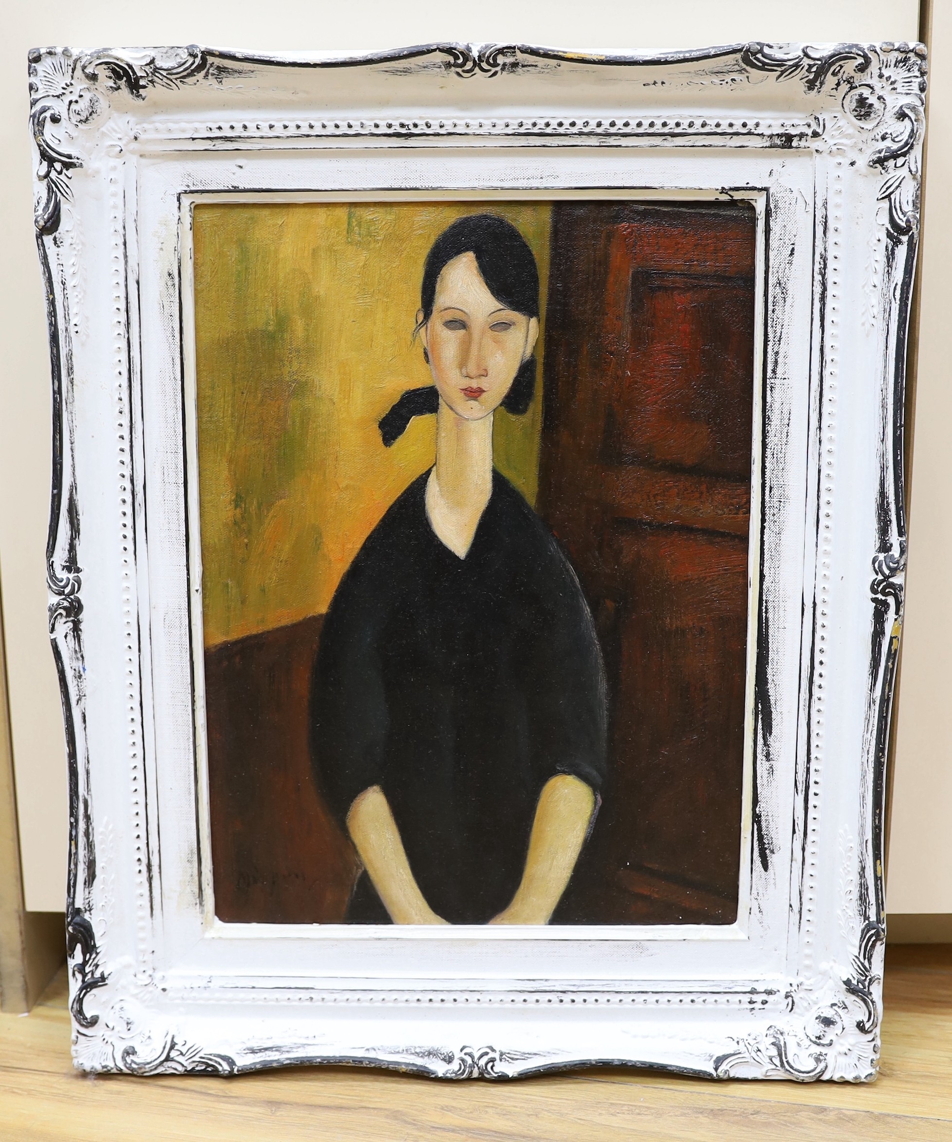 After Modigliani, oil on board, Portrait of Paulette Jourdain, bears signature, 39 x 29cm.